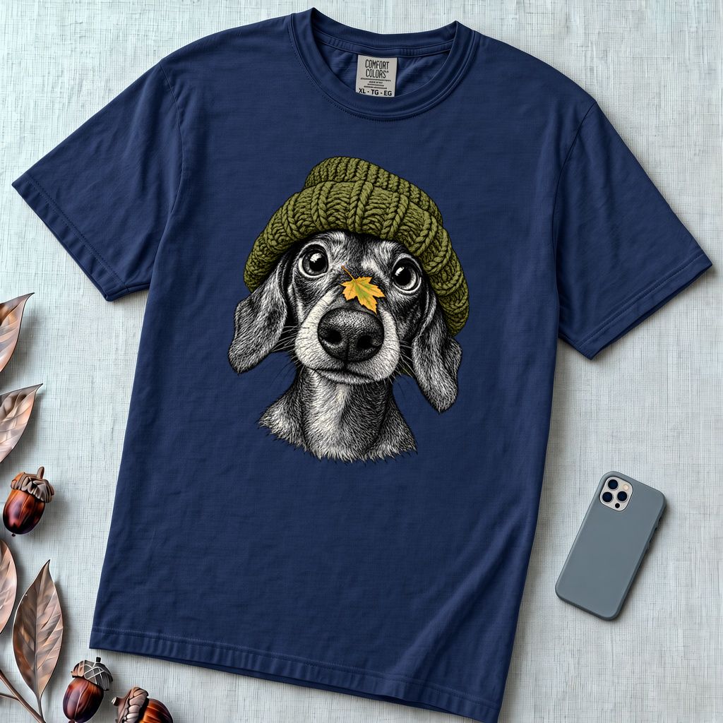 Dachshund in a Beanie Autumn T-Shirt - True Navy unfolded t-shirt mockup