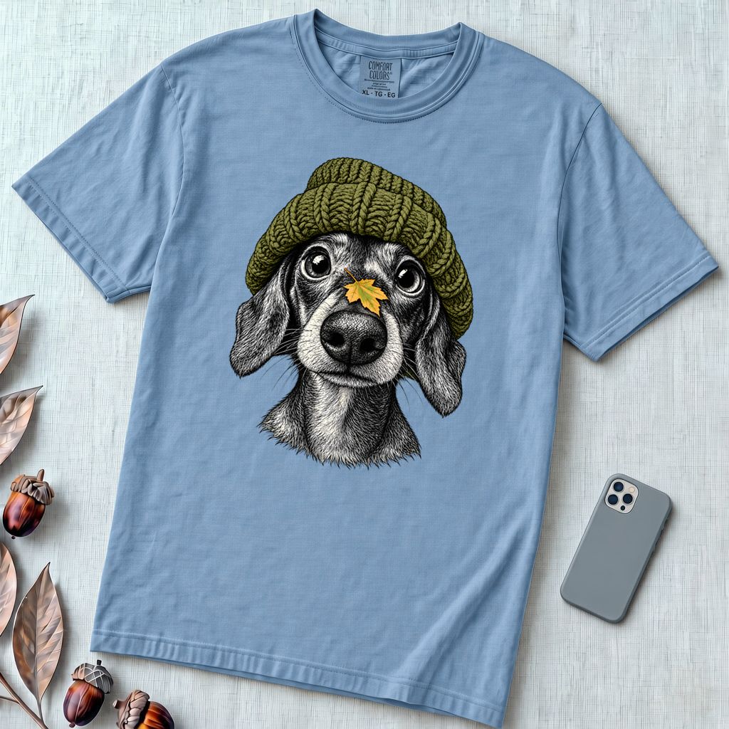 Dachshund in a Beanie Autumn T-Shirt - Washed Denim unfolded t-shirt mockup