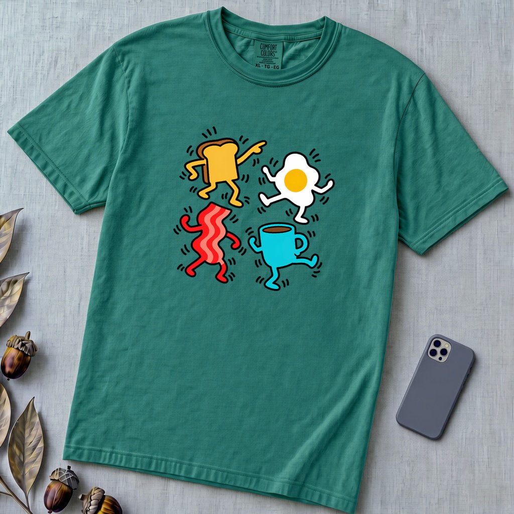 Dancing Breakfast Food T-Shirt - Emerald unfolded t-shirt mockup