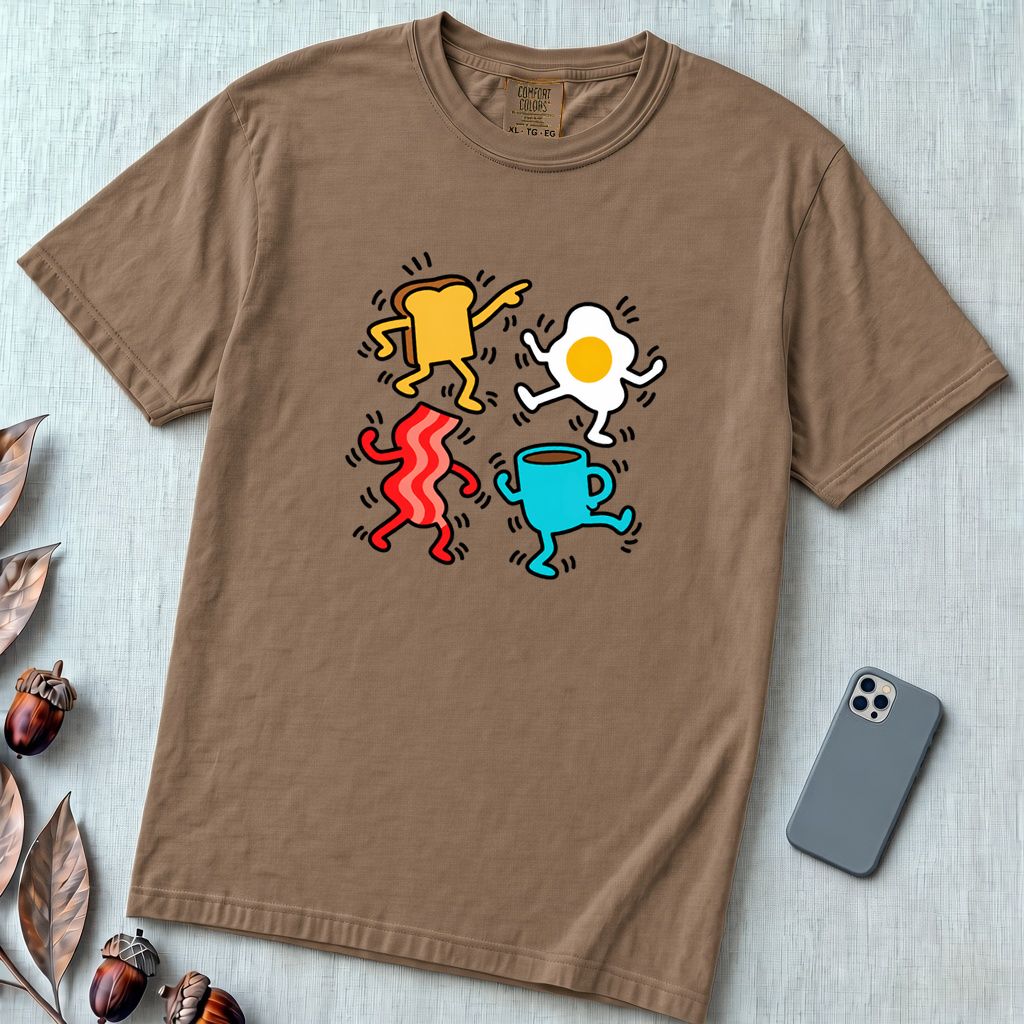 Dancing Breakfast Food T-Shirt - Espresso unfolded t-shirt mockup
