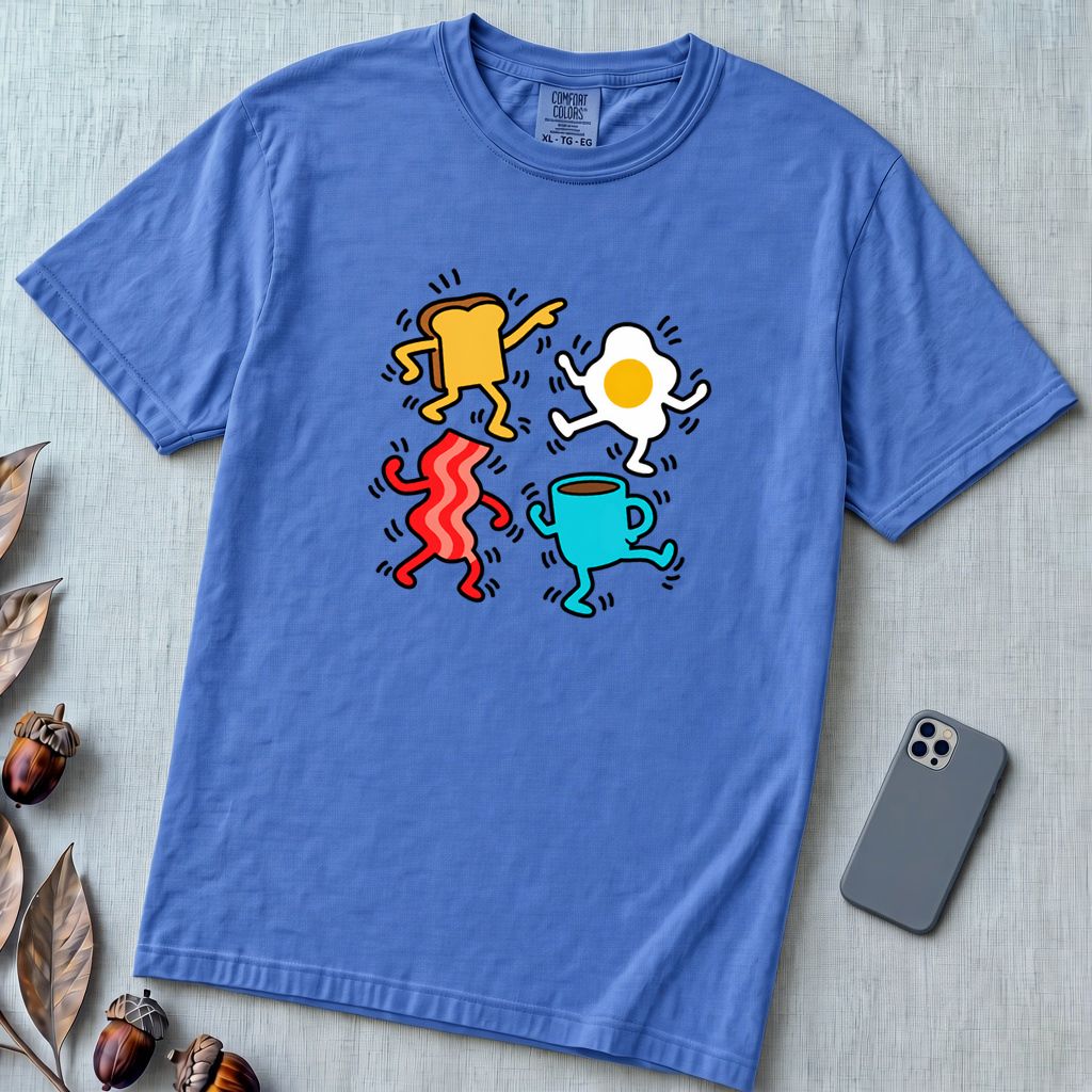 Dancing Breakfast Food T-Shirt - Flo Blue unfolded t-shirt mockup