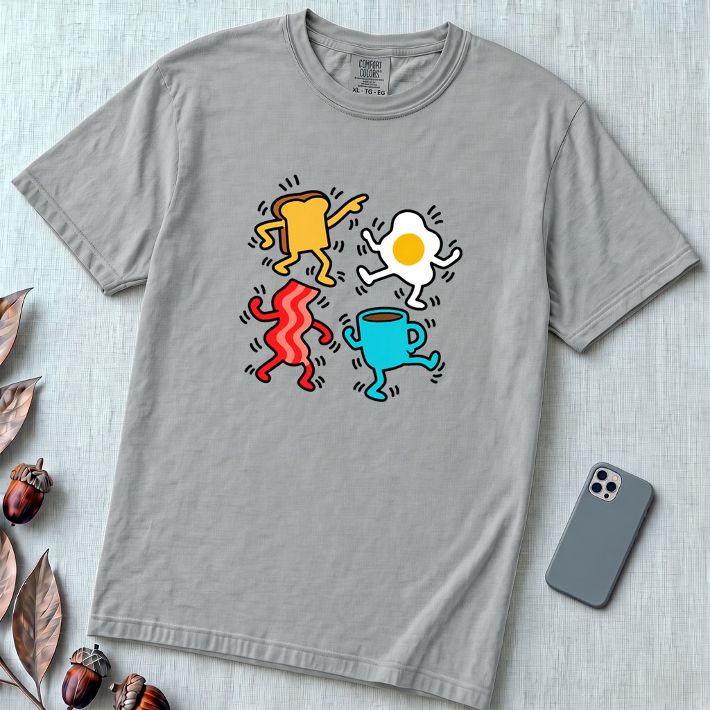 Dancing Breakfast Food T-Shirt - Granite unfolded t-shirt mockup