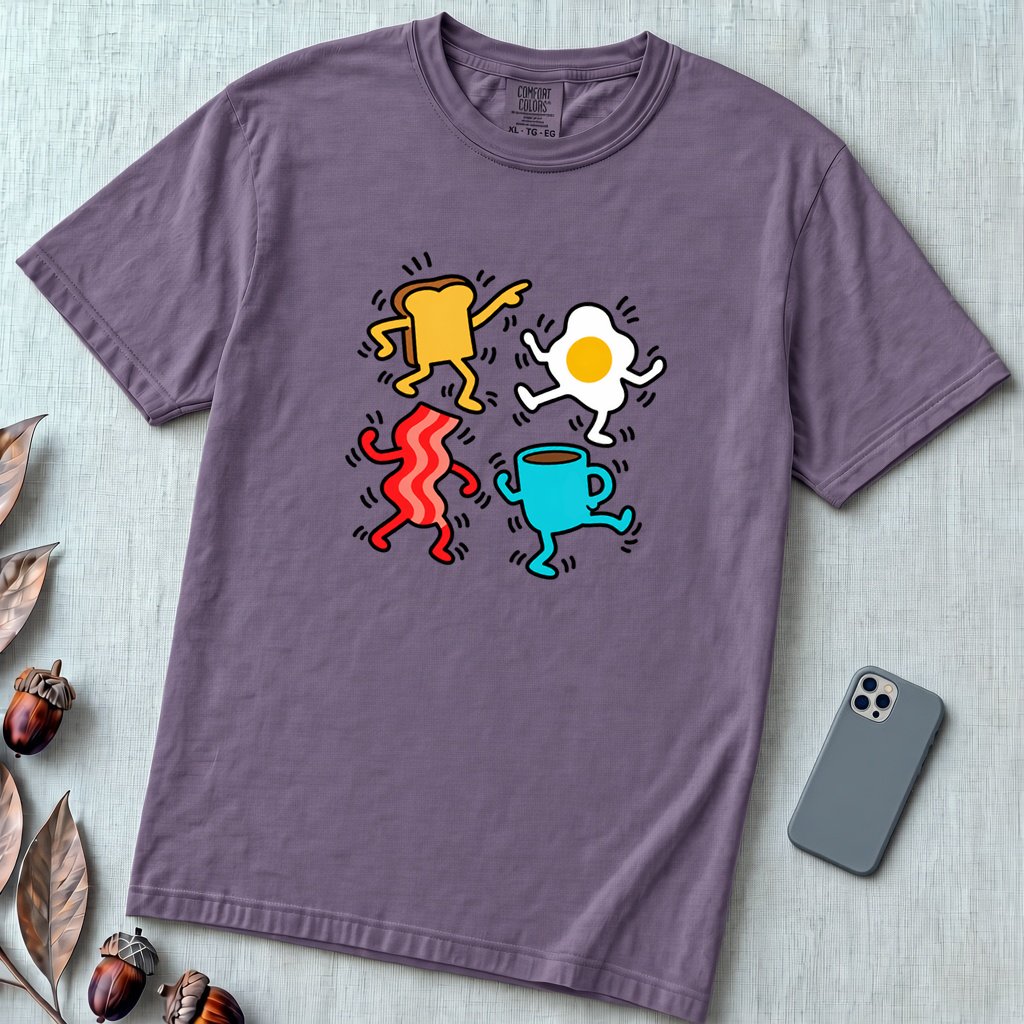 Dancing Breakfast Food T-Shirt - Grape unfolded t-shirt mockup