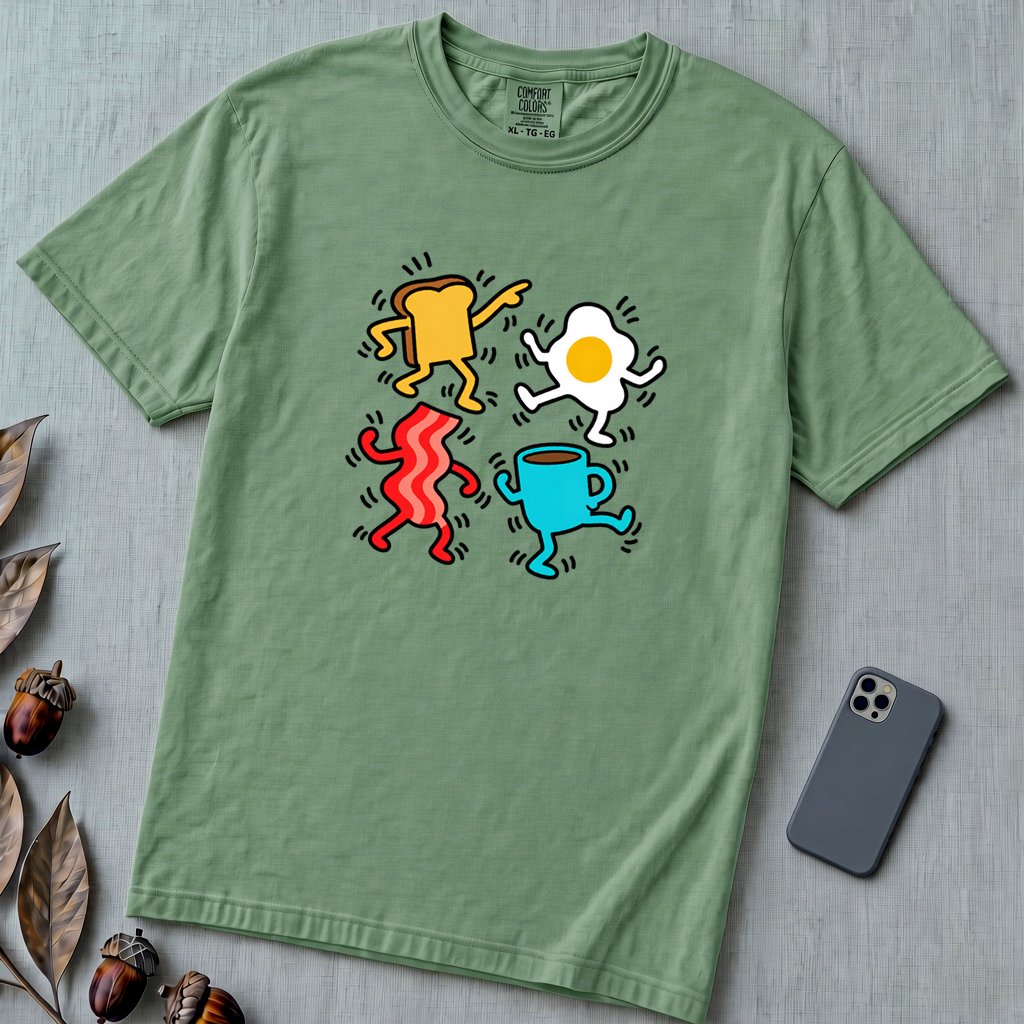 Dancing Breakfast Food T-Shirt - Light Green unfolded t-shirt mockup
