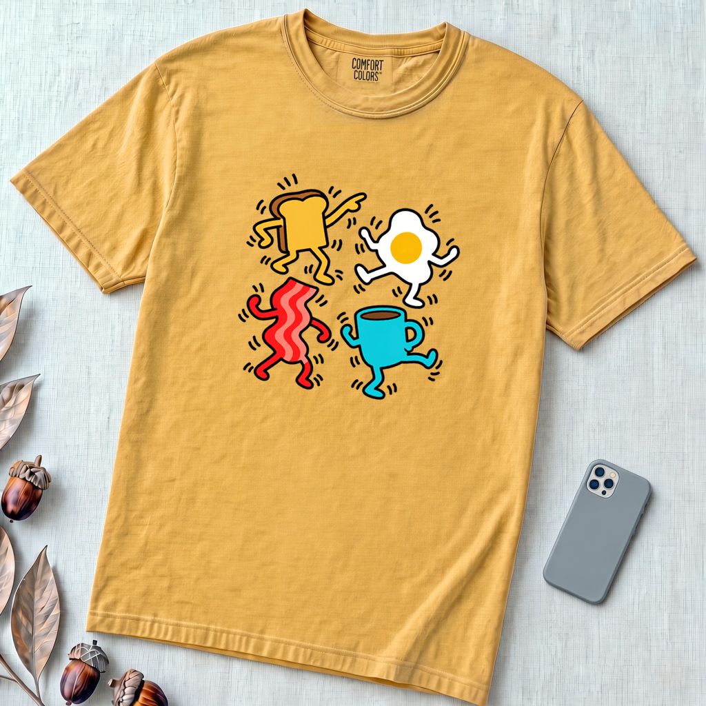 Dancing Breakfast Food T-Shirt - Mustard unfolded t-shirt mockup