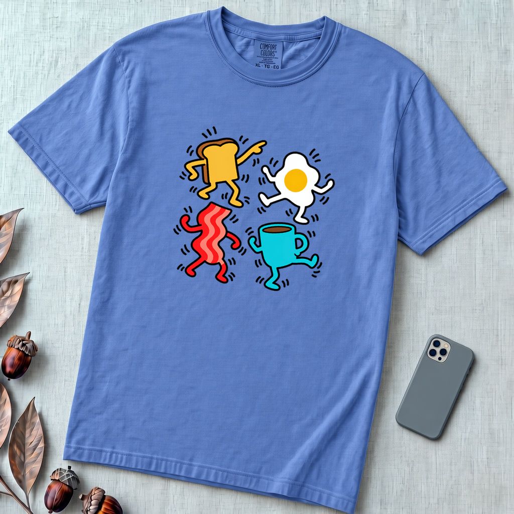 Dancing Breakfast Food T-Shirt - Mystic Blue unfolded t-shirt mockup