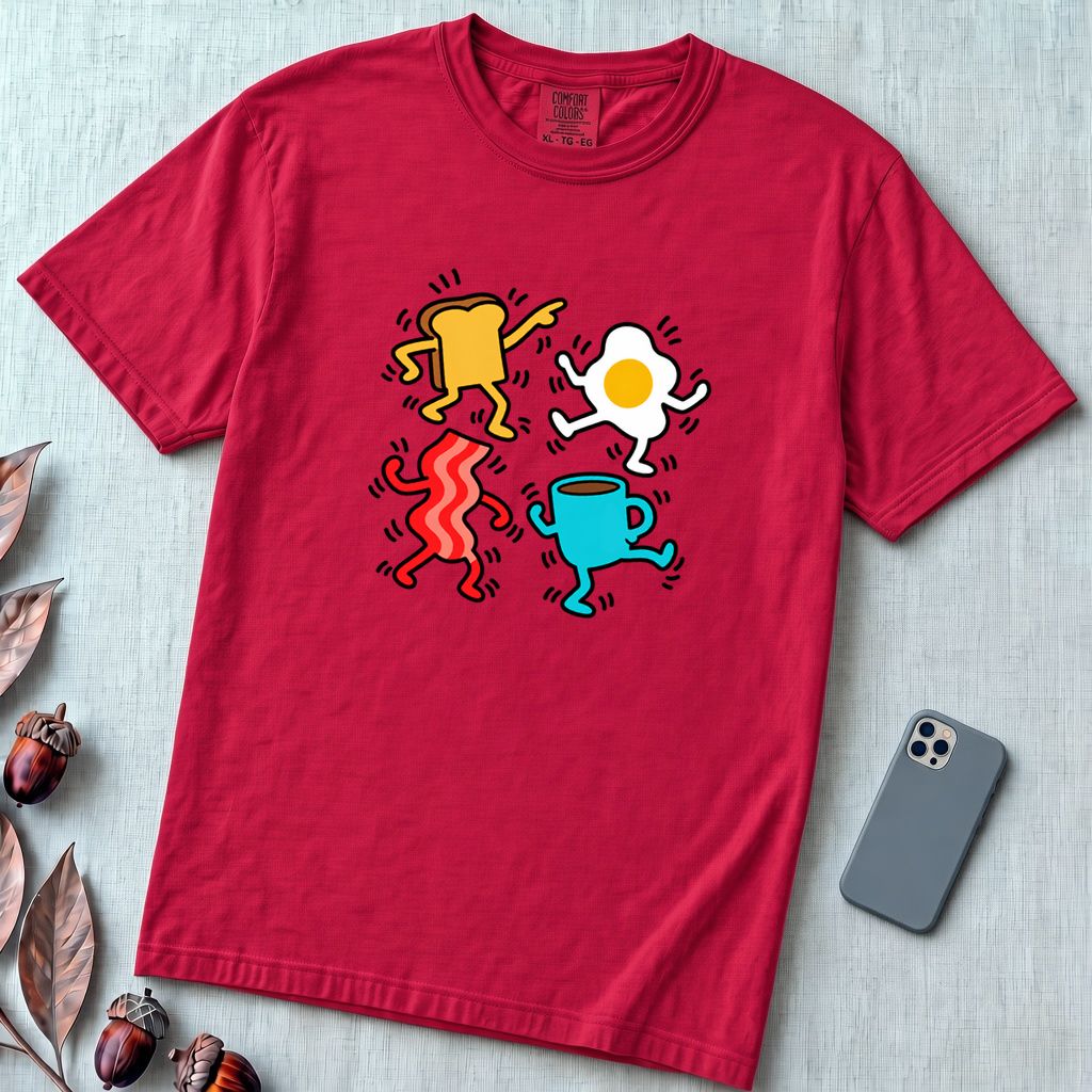 Dancing Breakfast Food T-Shirt - Red unfolded t-shirt mockup