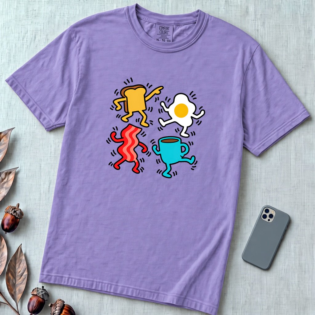 Dancing Breakfast Food T-Shirt - Violet unfolded t-shirt mockup