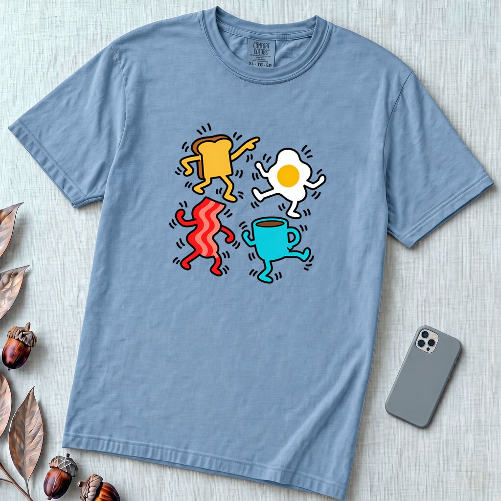 Dancing Breakfast Food T-Shirt - Washed Denim unfolded t-shirt mockup