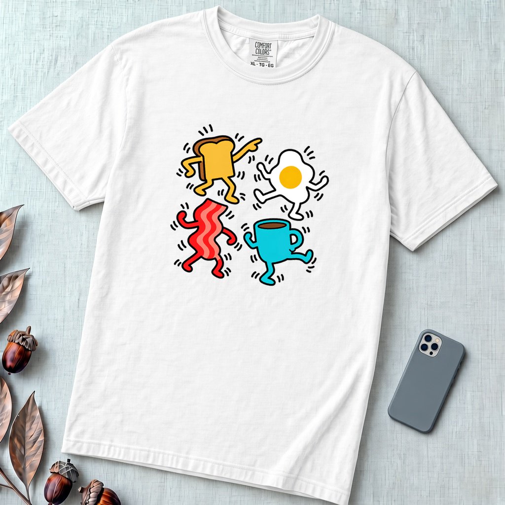 Dancing Breakfast Food T-Shirt - White unfolded t-shirt mockup