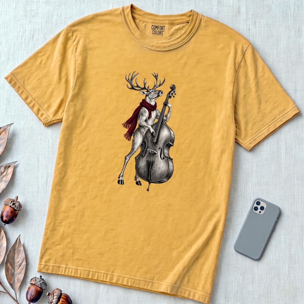 Deer Double Bass T-Shirt - Mustard unfolded t-shirt mockup