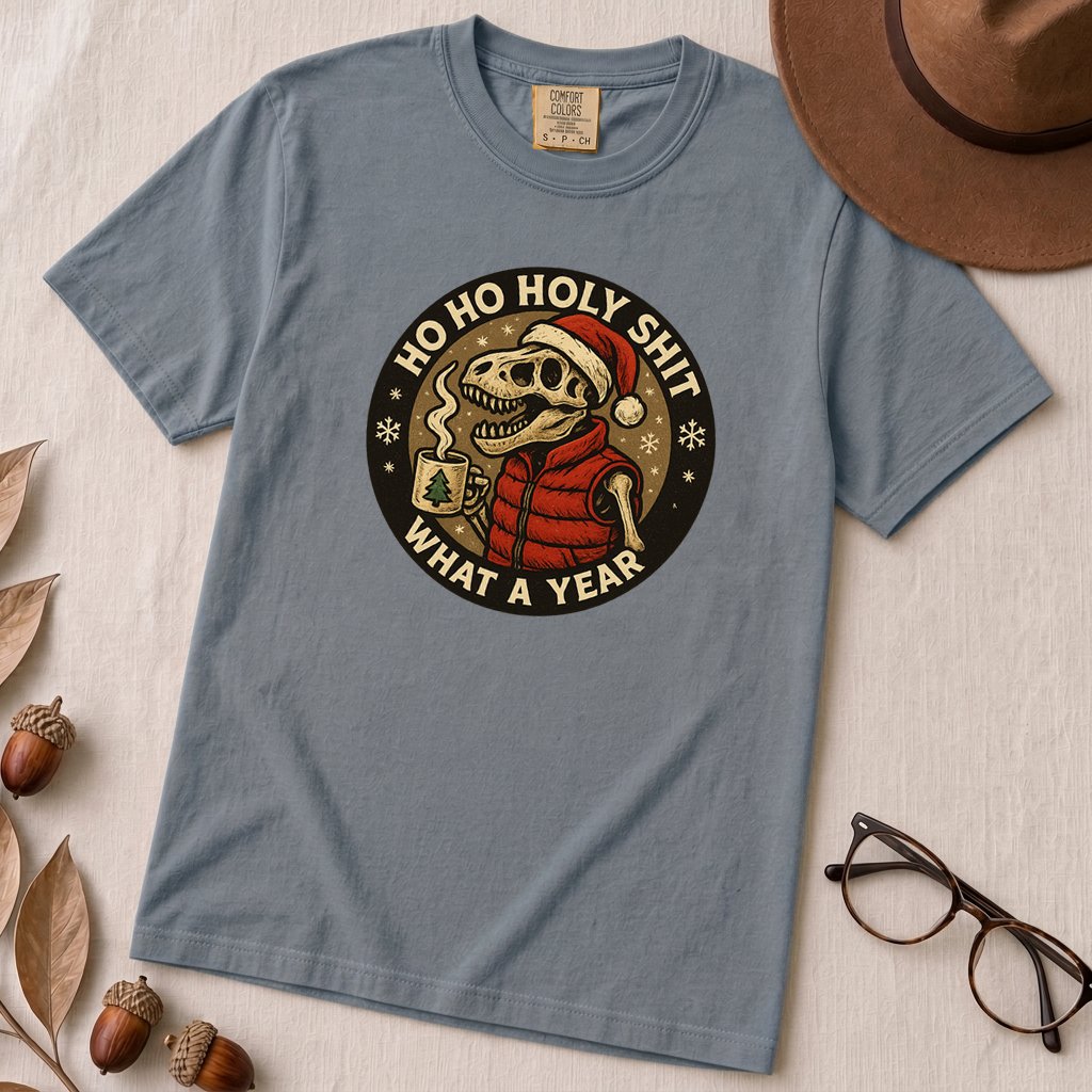 Dino Christmas Shirt, Ho Ho Holy Shit T-Rex Tee, What a Year Meme Shirt, Skeleton Dino Xmas Shirt - Blue Jean unfolded t-shirt mockup
