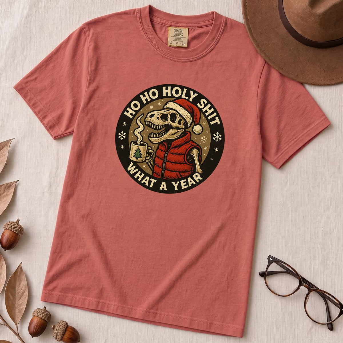 Dino Christmas Shirt, Ho Ho Holy Shit T-Rex Tee, What a Year Meme Shirt, Skeleton Dino Xmas Shirt - Crimson unfolded t-shirt mockup