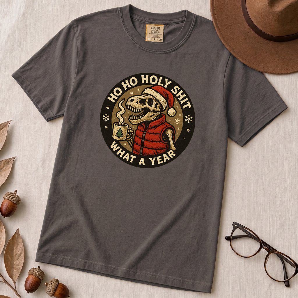 Dino Christmas Shirt, Ho Ho Holy Shit T-Rex Tee, What a Year Meme Shirt, Skeleton Dino Xmas Shirt - Graphite unfolded t-shirt mockup