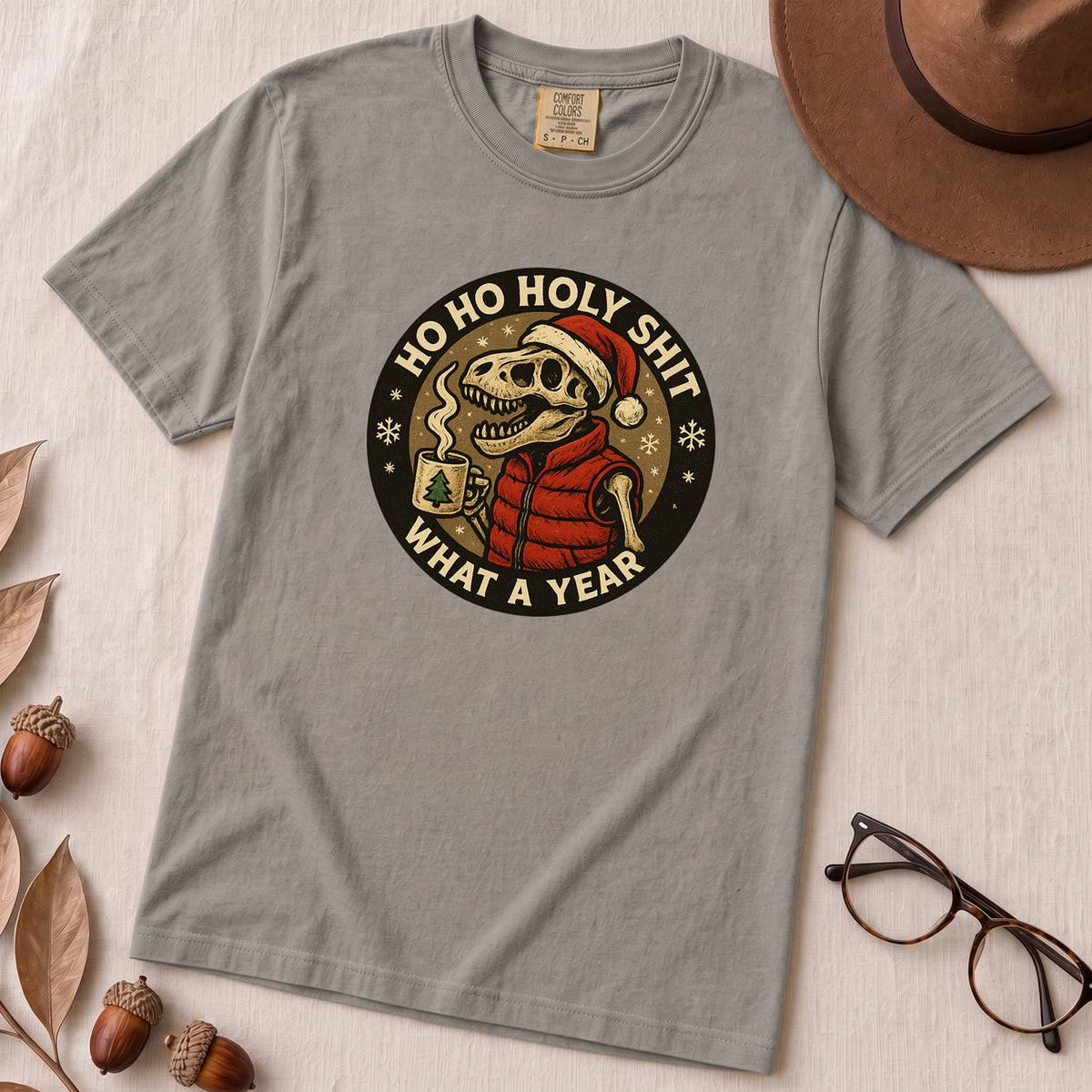 Dino Christmas Shirt, Ho Ho Holy Shit T-Rex Tee, What a Year Meme Shirt, Skeleton Dino Xmas Shirt - Grey unfolded t-shirt mockup
