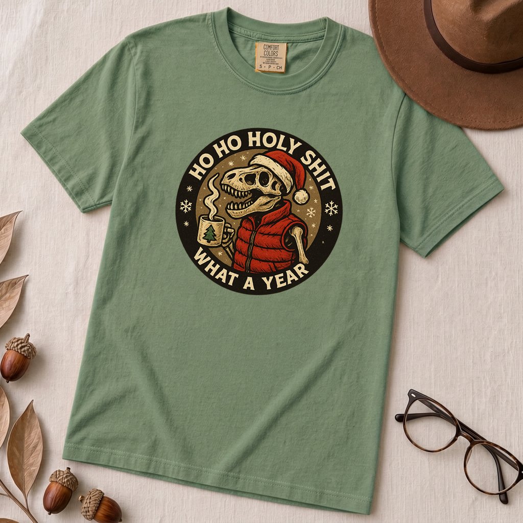 Dino Christmas Shirt, Ho Ho Holy Shit T-Rex Tee, What a Year Meme Shirt, Skeleton Dino Xmas Shirt - Light Green unfolded t-shirt mockup