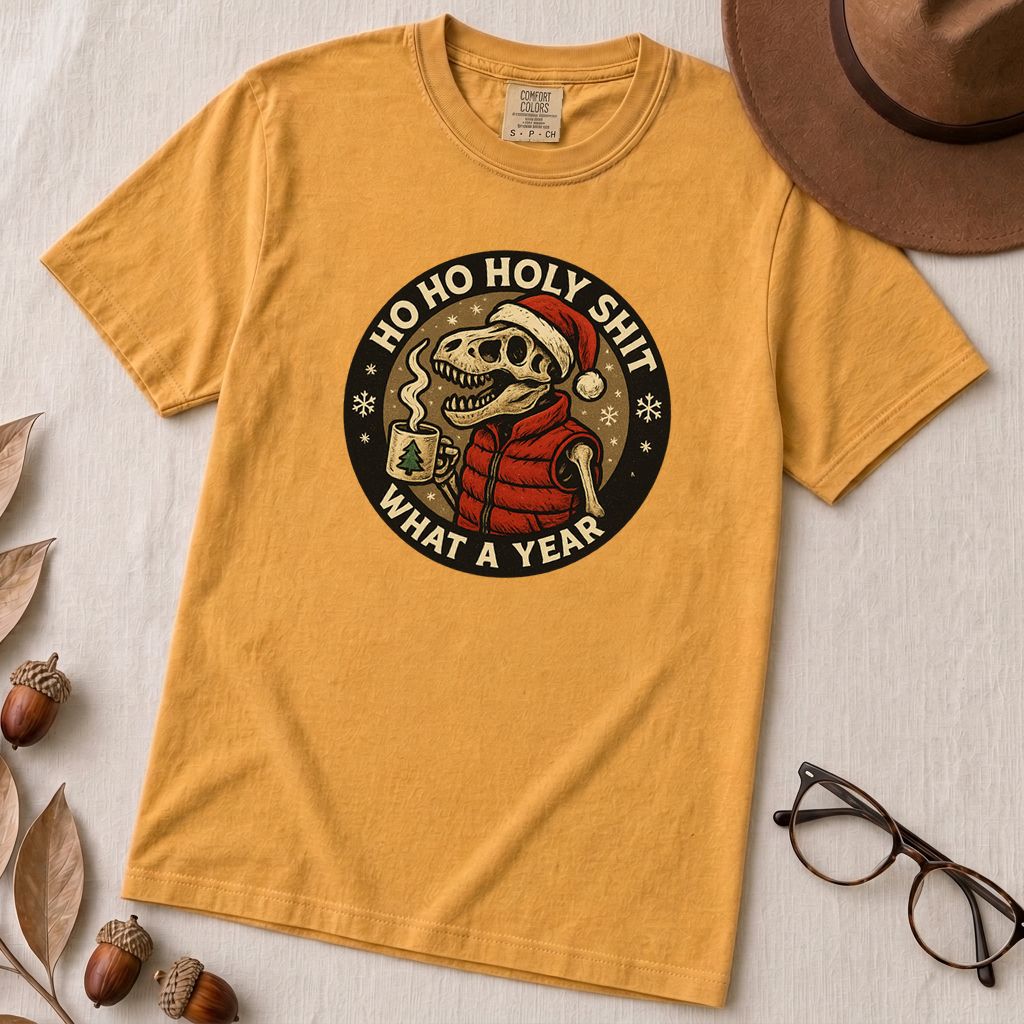Dino Christmas Shirt, Ho Ho Holy Shit T-Rex Tee, What a Year Meme Shirt, Skeleton Dino Xmas Shirt - Mustard unfolded t-shirt mockup