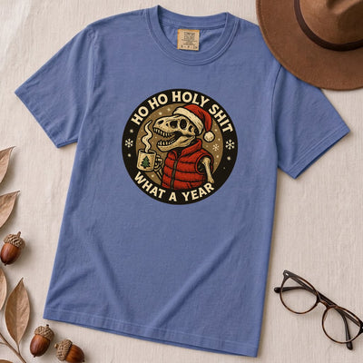 Dino Christmas Shirt, Ho Ho Holy Shit T-Rex Tee, What a Year Meme Shirt, Skeleton Dino Xmas Shirt - Mystic Blue unfolded t-shirt mockup