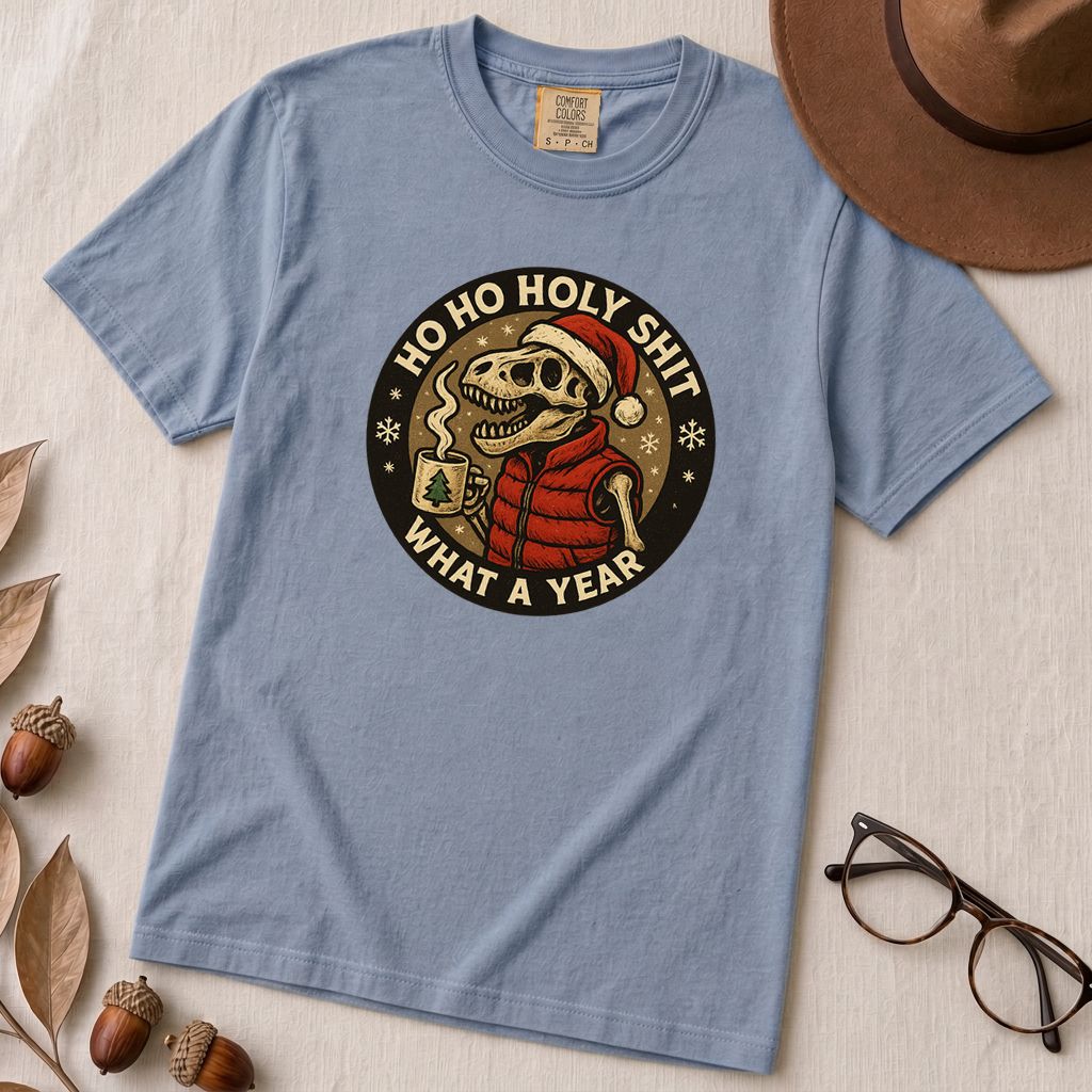 Dino Christmas Shirt, Ho Ho Holy Shit T-Rex Tee, What a Year Meme Shirt, Skeleton Dino Xmas Shirt - Washed Denim unfolded t-shirt mockup