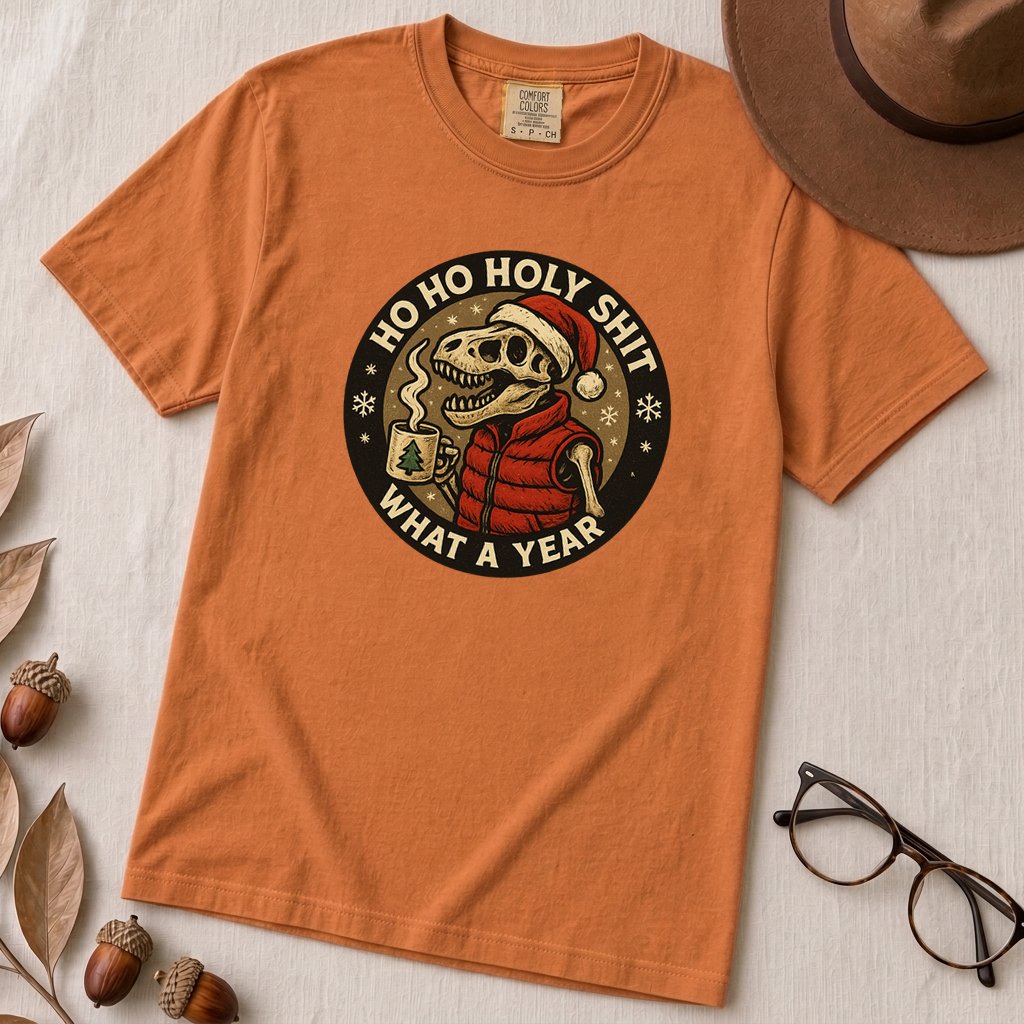 Dino Christmas Shirt, Ho Ho Holy Shit T-Rex Tee, What a Year Meme Shirt, Skeleton Dino Xmas Shirt - Yam unfolded t-shirt mockup
