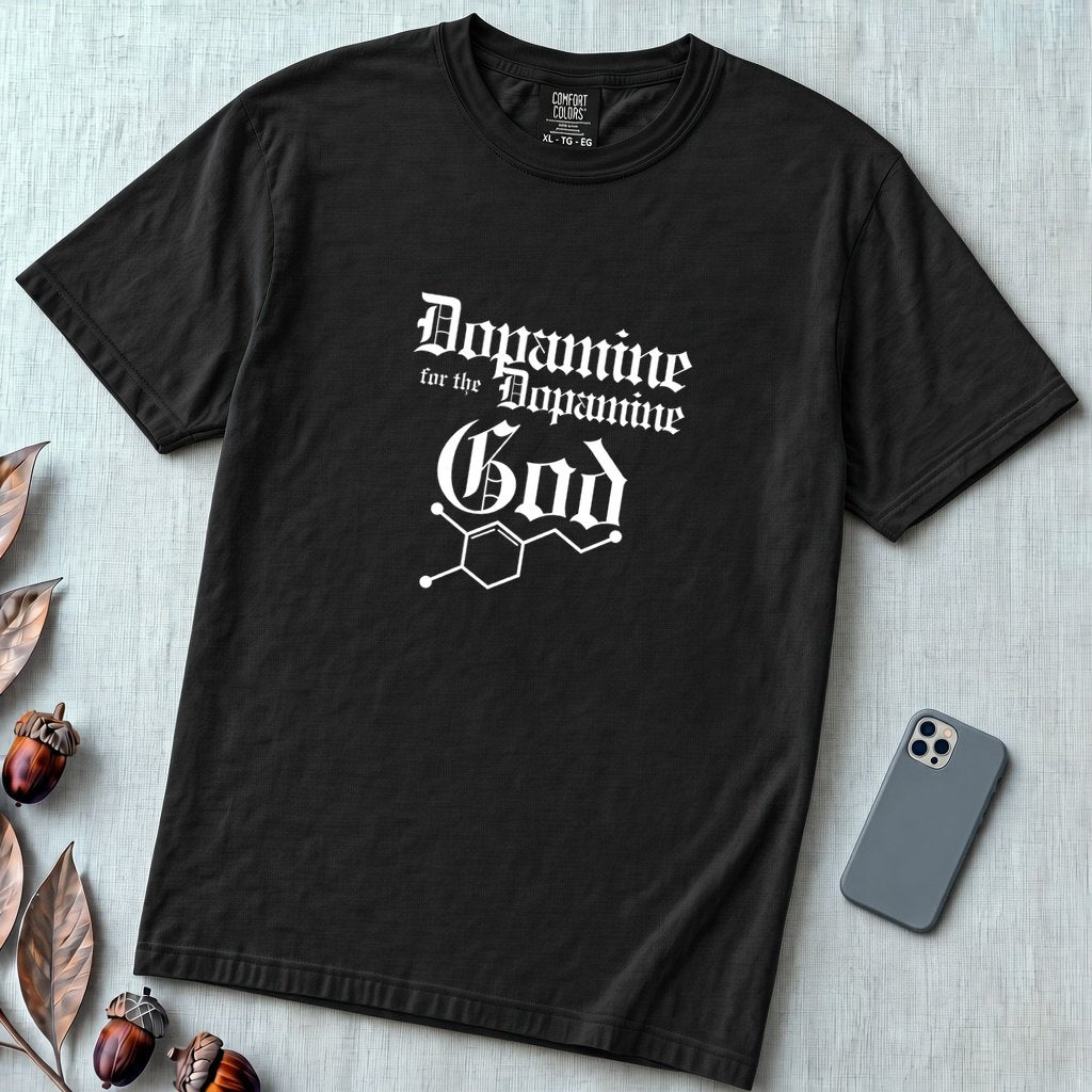 Dopamine For The Dopamine God T-Shirt, Geek Tee - Black unfolded t-shirt mockup