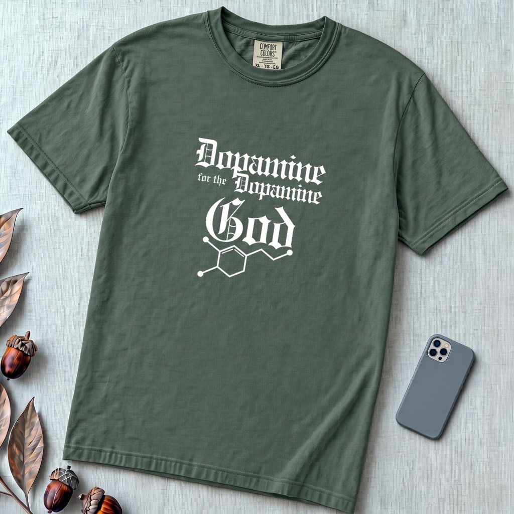 Dopamine For The Dopamine God T-Shirt, Geek Tee - Blue Spruce unfolded t-shirt mockup