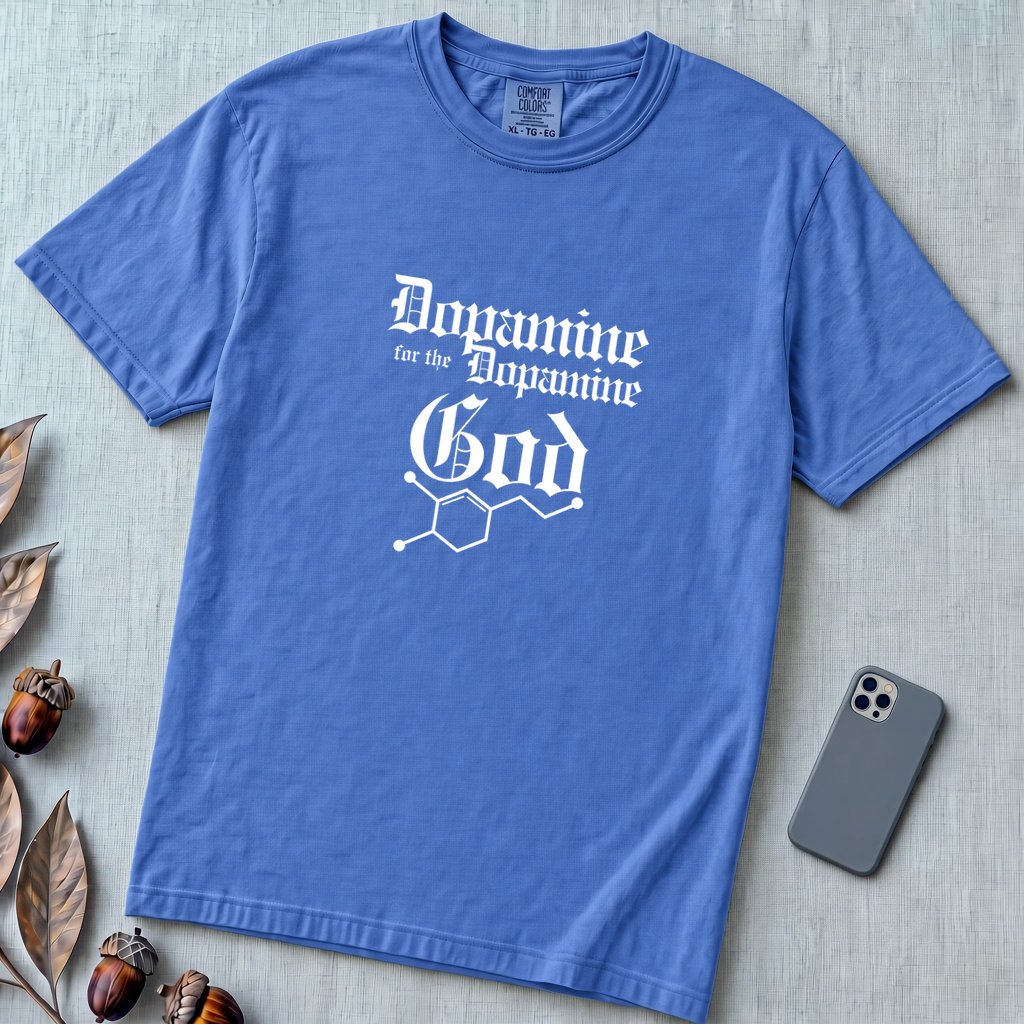 Dopamine For The Dopamine God T-Shirt, Geek Tee - Flo Blue unfolded t-shirt mockup