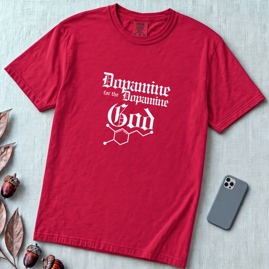 Dopamine For The Dopamine God T-Shirt, Geek Tee - Red unfolded t-shirt mockup