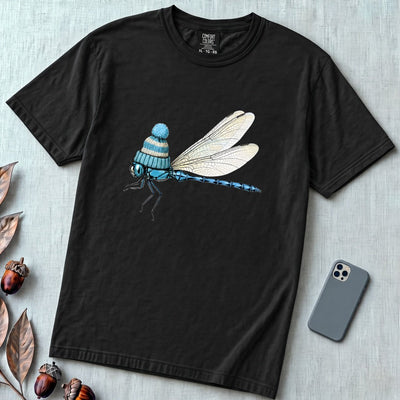 Dragonfly in a Beanie T-Shirt - Black unfolded t-shirt mockup
