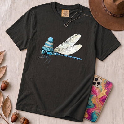 Dragonfly in a Beanie T-Shirt - Black unfolded t-shirt mockup