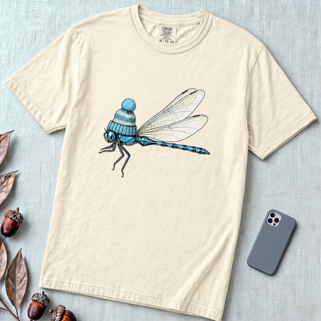 Dragonfly in a Beanie T-Shirt - Ivory unfolded t-shirt mockup