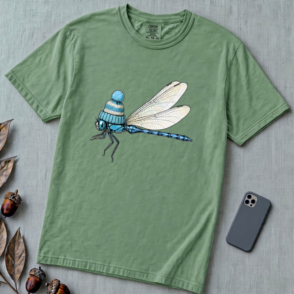 Dragonfly in a Beanie T-Shirt - Light Green unfolded t-shirt mockup