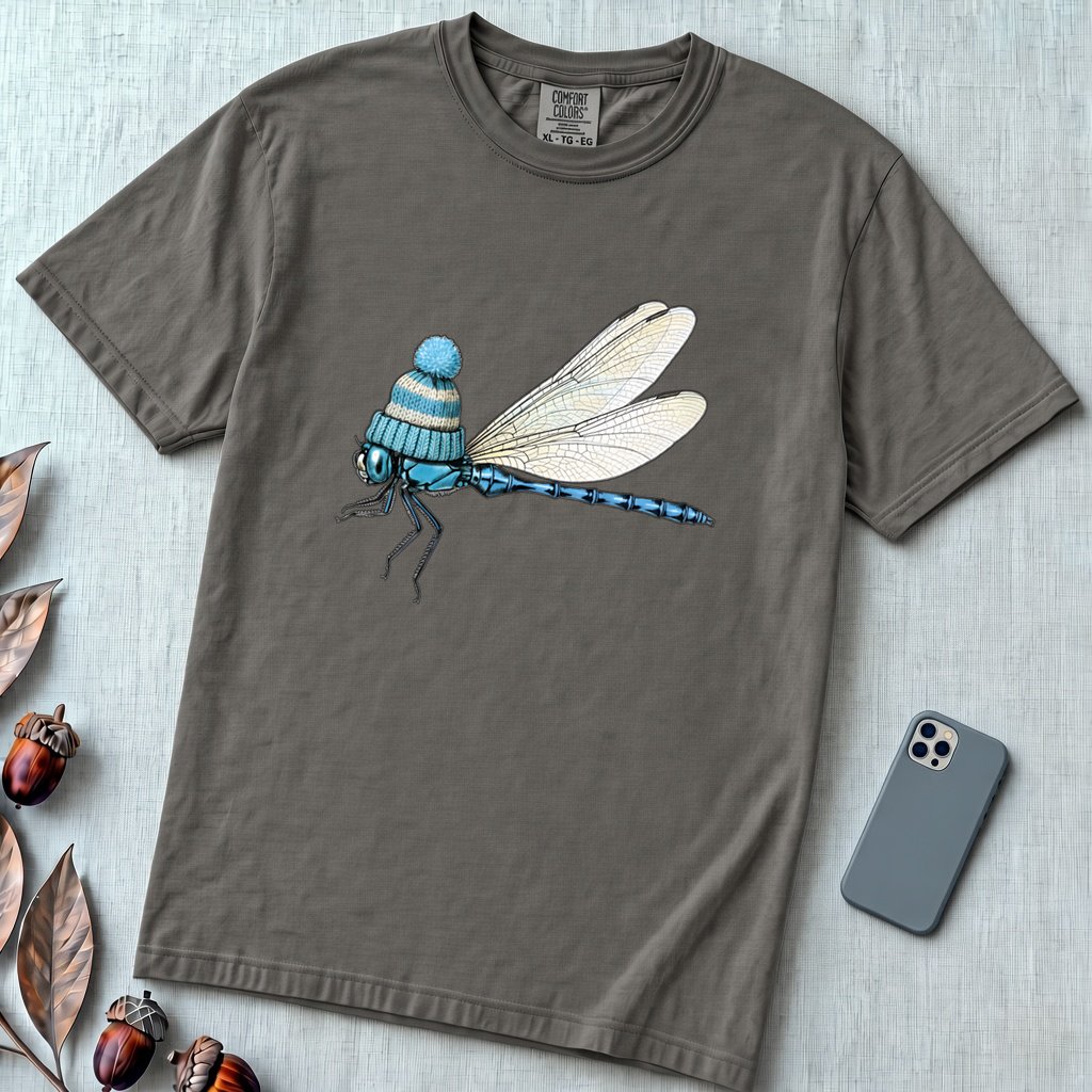 Dragonfly in a Beanie T-Shirt - Pepper unfolded t-shirt mockup