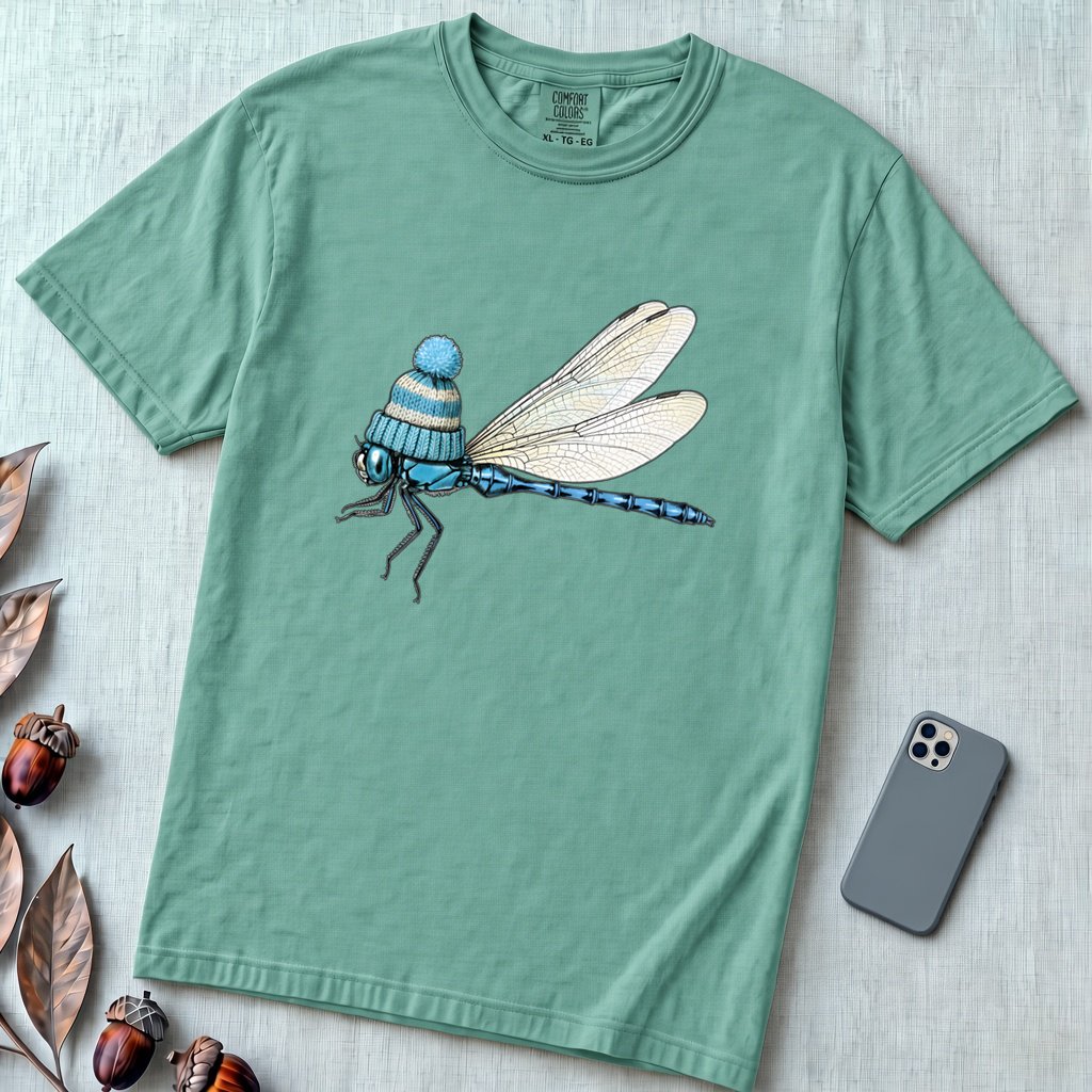 Dragonfly in a Beanie T-Shirt - Seafoam unfolded t-shirt mockup