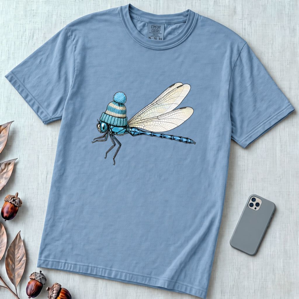 Dragonfly in a Beanie T-Shirt - Washed Denim unfolded t-shirt mockup