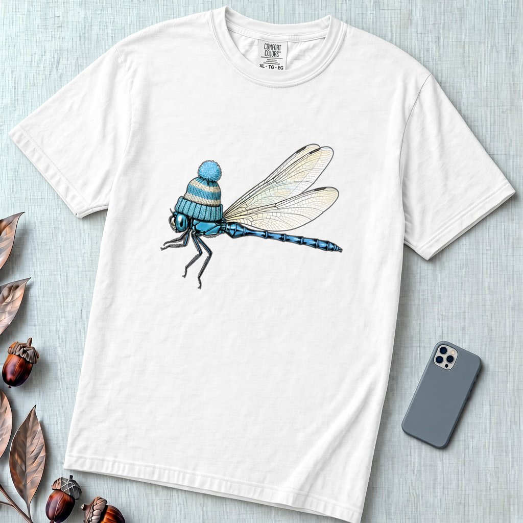 Dragonfly in a Beanie T-Shirt - White unfolded t-shirt mockup