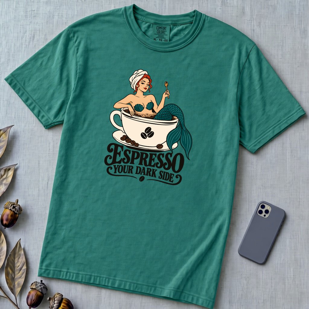 Espresso Your Dark Side Mermaid T-Shirt - Emerald unfolded t-shirt mockup