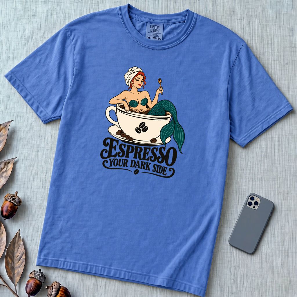 Espresso Your Dark Side Mermaid T-Shirt - Flo Blue unfolded t-shirt mockup