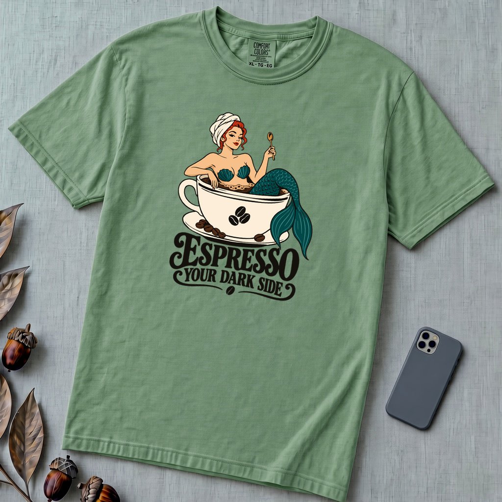 Espresso Your Dark Side Mermaid T-Shirt - Light Green unfolded t-shirt mockup
