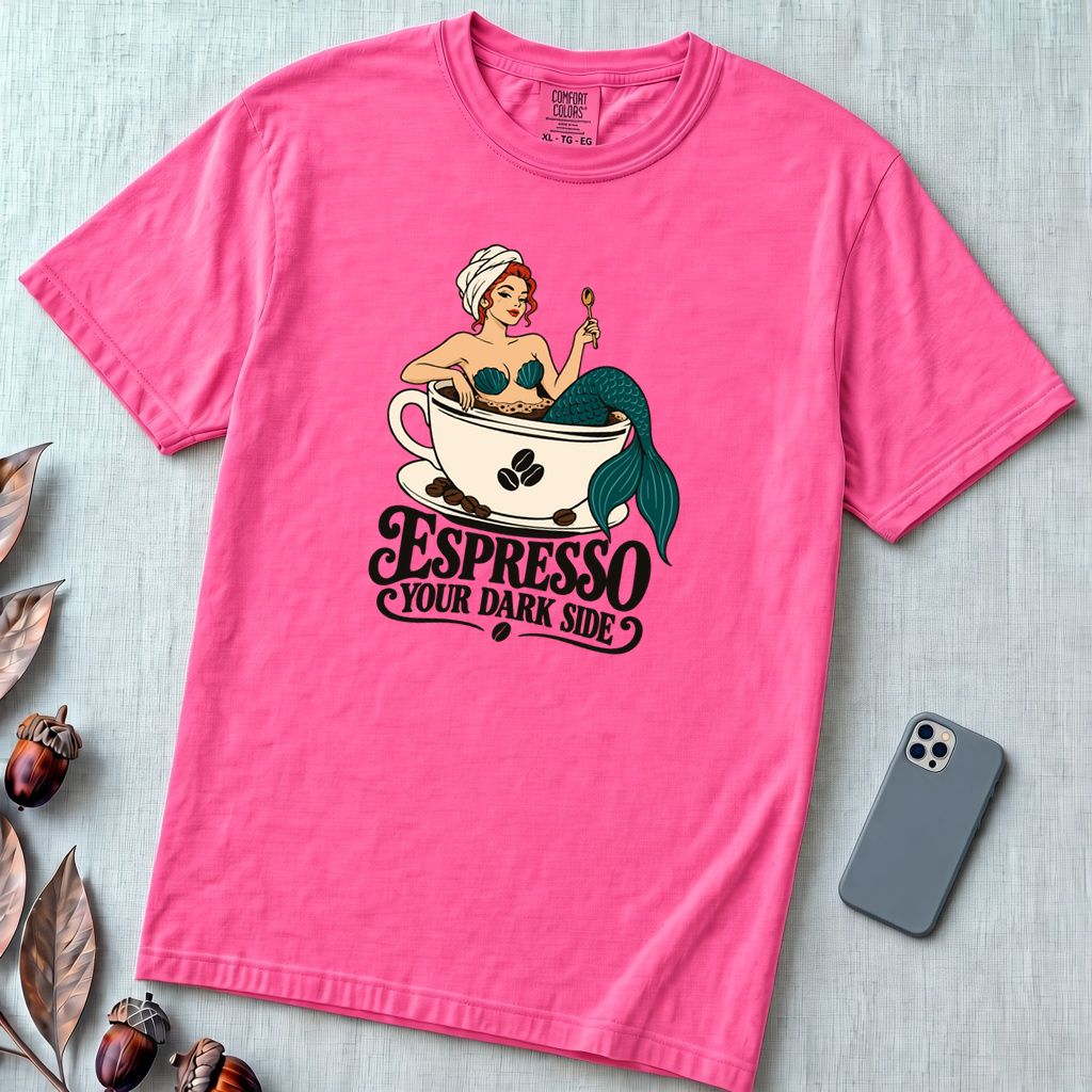 Espresso Your Dark Side Mermaid T-Shirt - Neon Pink unfolded t-shirt mockup