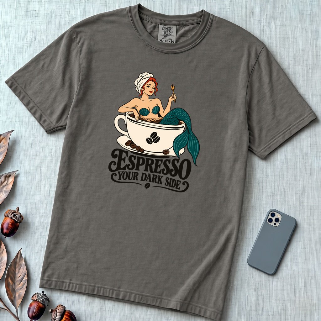 Espresso Your Dark Side Mermaid T-Shirt - Pepper unfolded t-shirt mockup