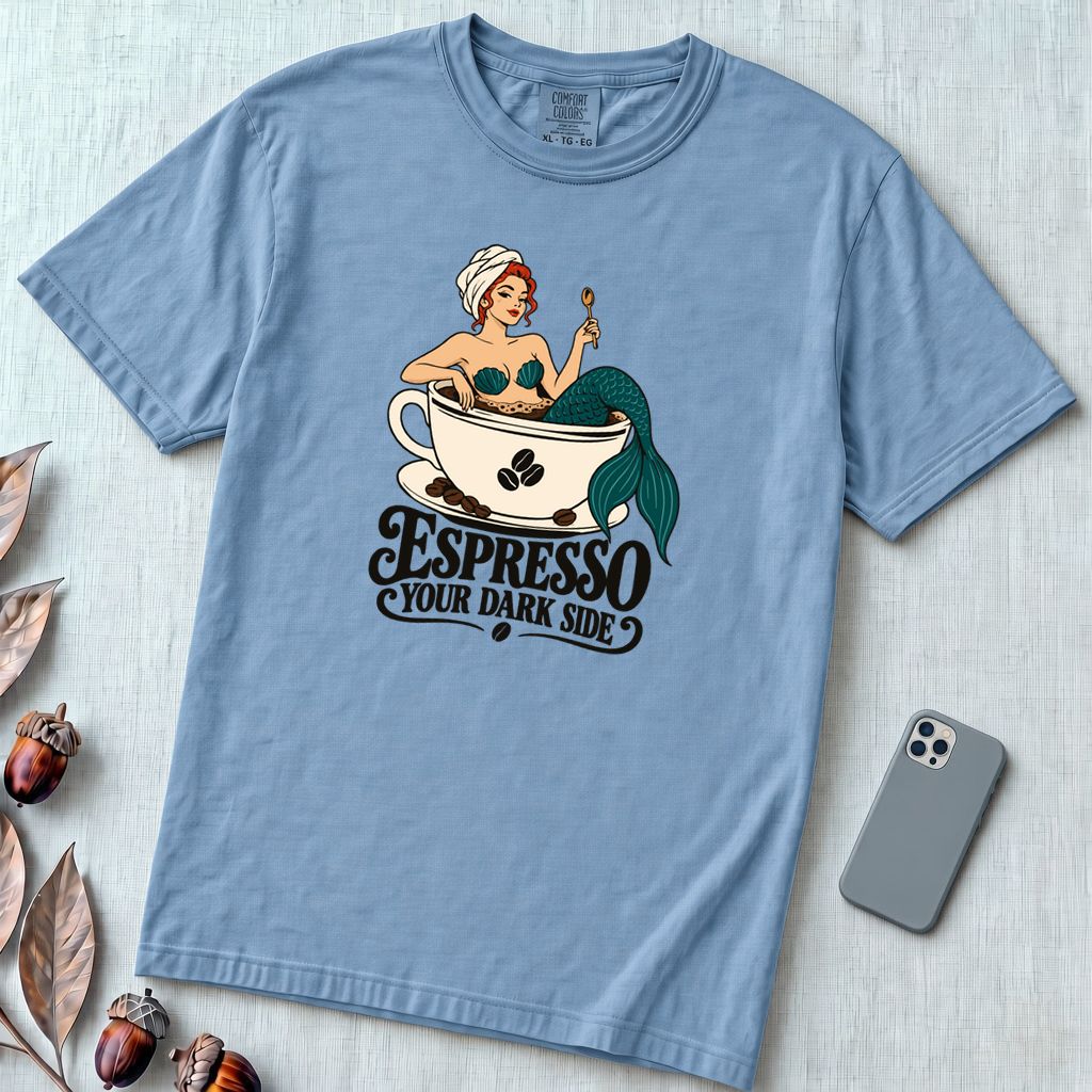 Espresso Your Dark Side Mermaid T-Shirt - Washed Denim unfolded t-shirt mockup
