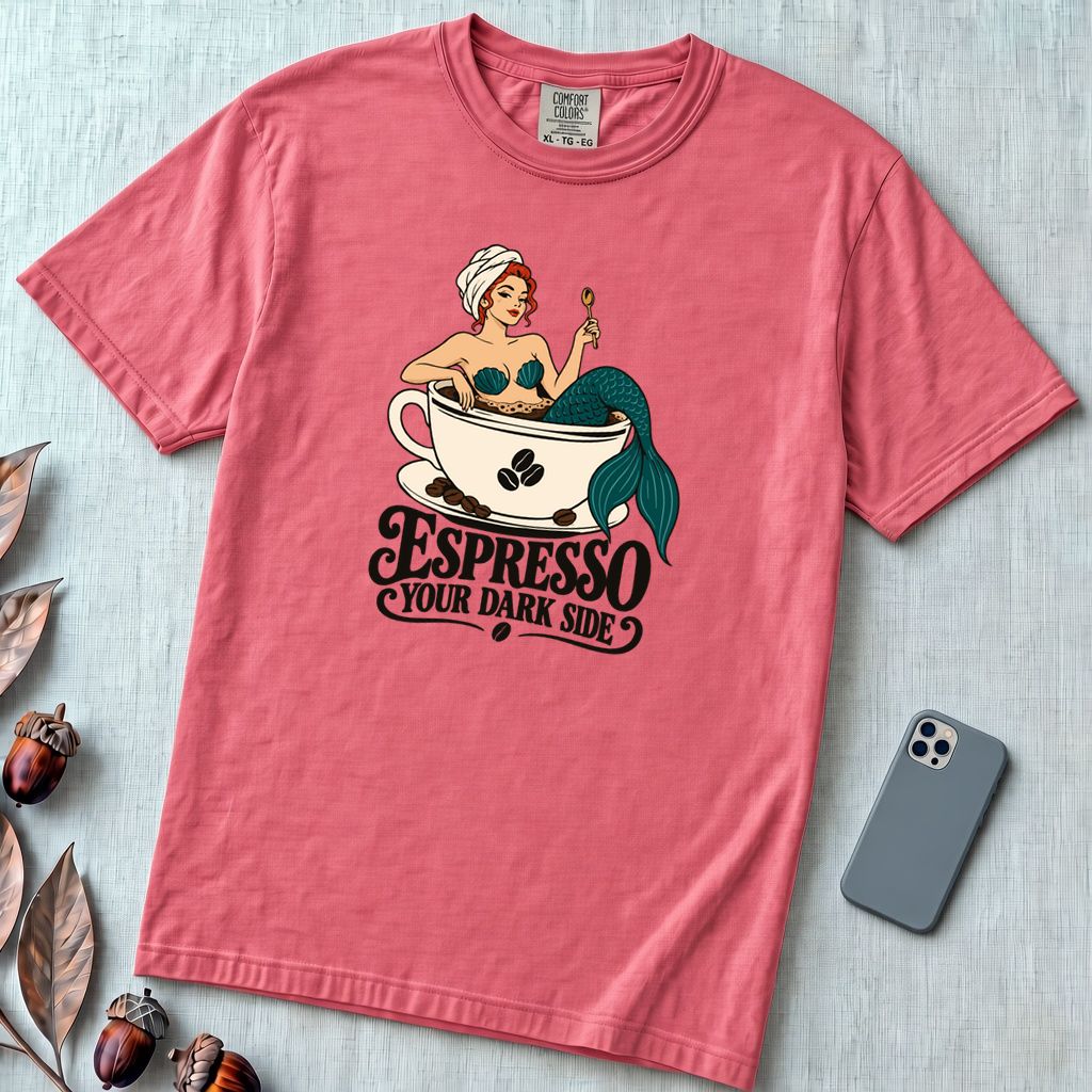 Espresso Your Dark Side Mermaid T-Shirt - Watermelon unfolded t-shirt mockup