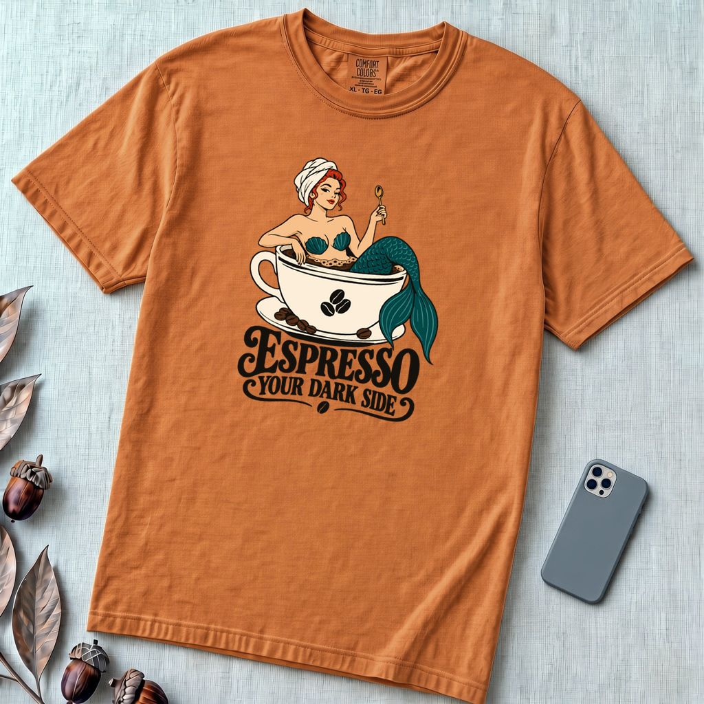 Espresso Your Dark Side Mermaid T-Shirt - Yam unfolded t-shirt mockup
