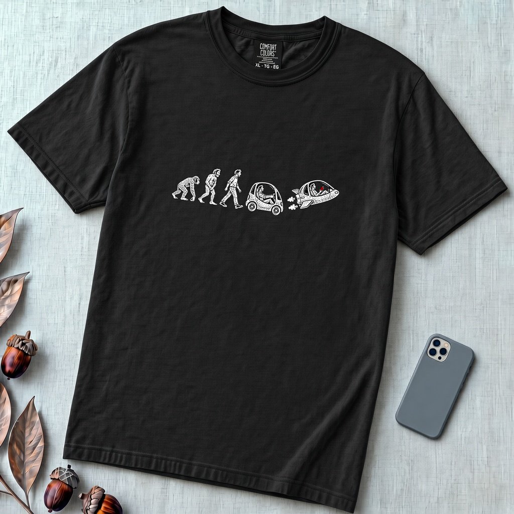 Evolution of Man Flying Car T-Shirt - Black unfolded t-shirt mockup