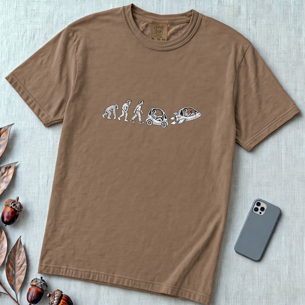 Evolution of Man Flying Car T-Shirt - Espresso unfolded t-shirt mockup