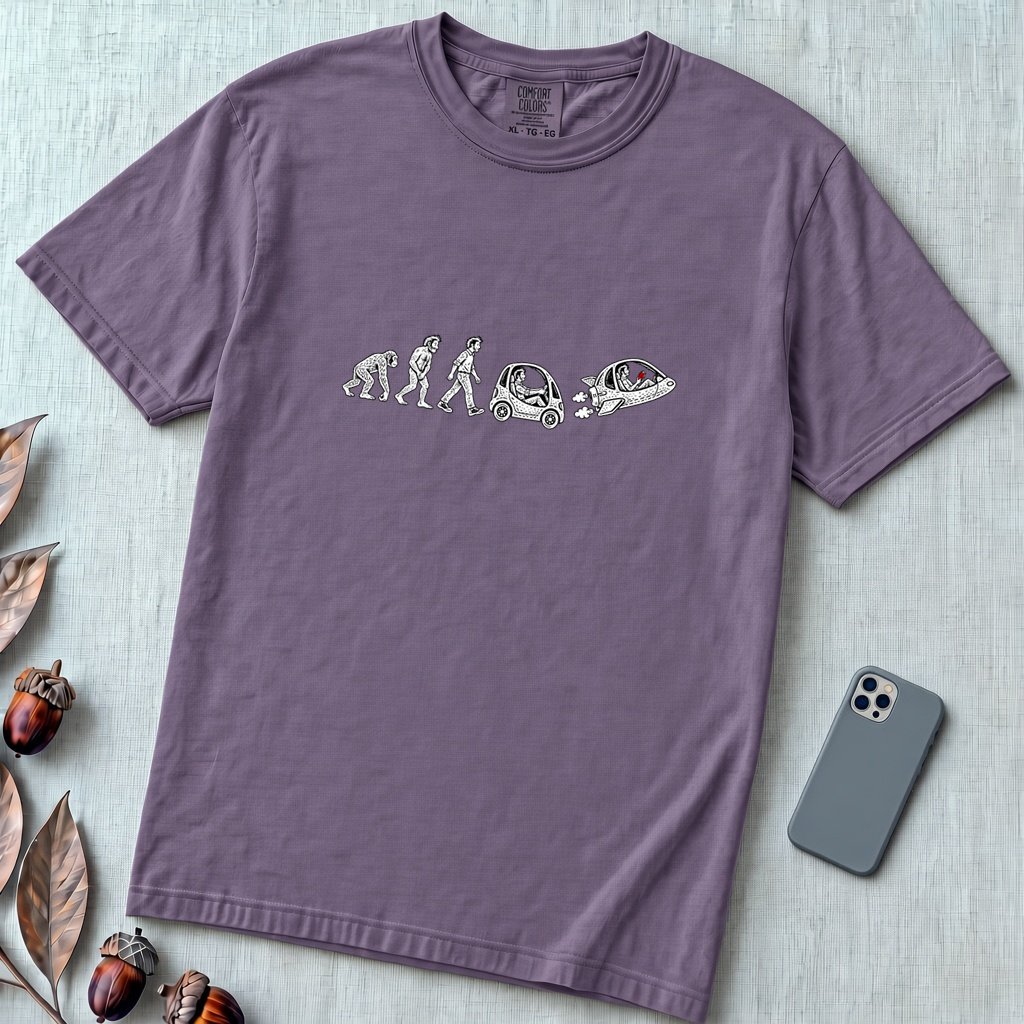 Evolution of Man Flying Car T-Shirt - Grape unfolded t-shirt mockup