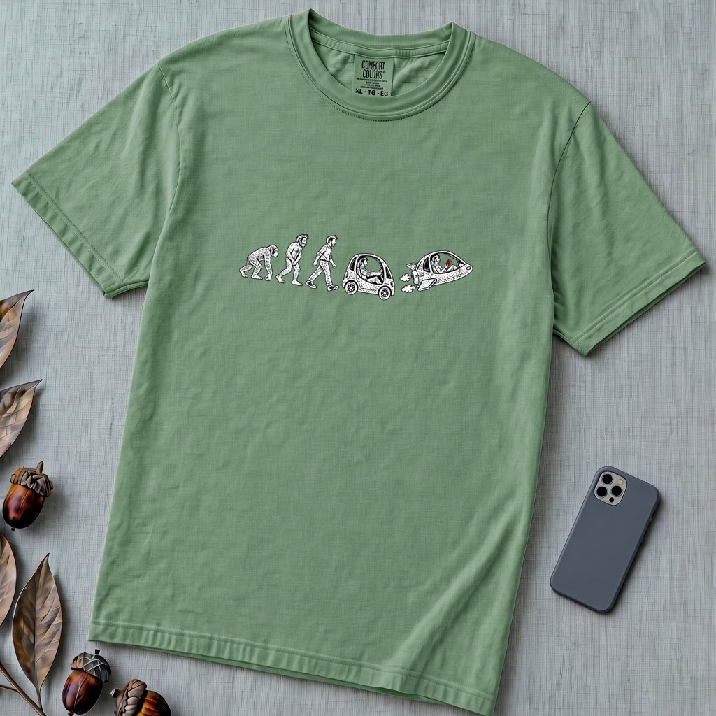Evolution of Man Flying Car T-Shirt - Light Green unfolded t-shirt mockup