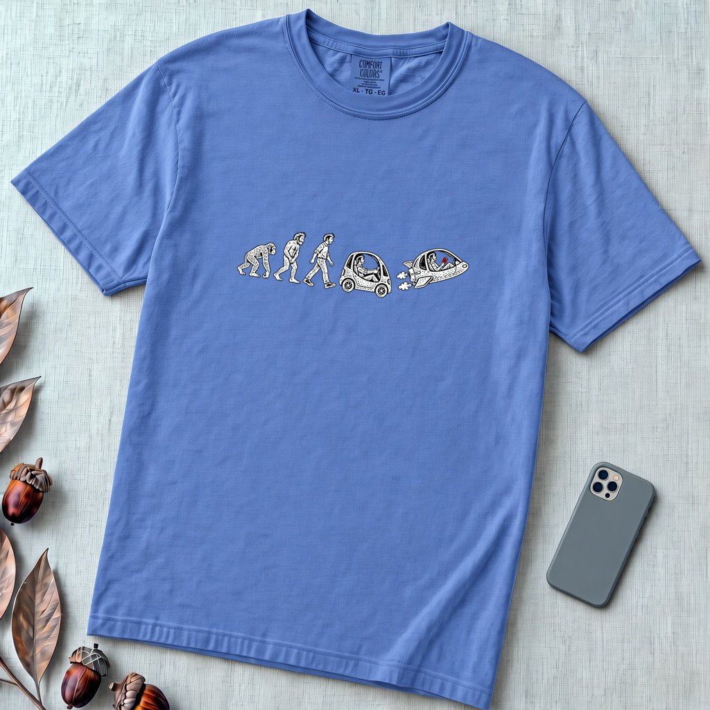 Evolution of Man Flying Car T-Shirt - Mystic Blue unfolded t-shirt mockup