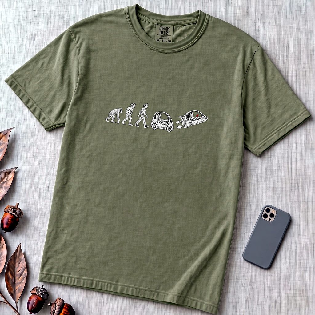 Evolution of Man Flying Car T-Shirt - Sage unfolded t-shirt mockup